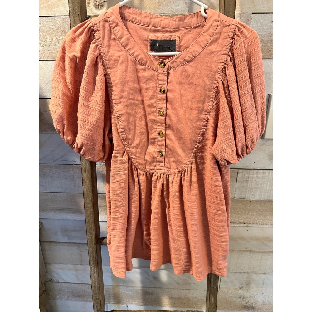 Anthropologie Puff Sleeve Babydoll Top Terracotta Coral Textured Blouse XS